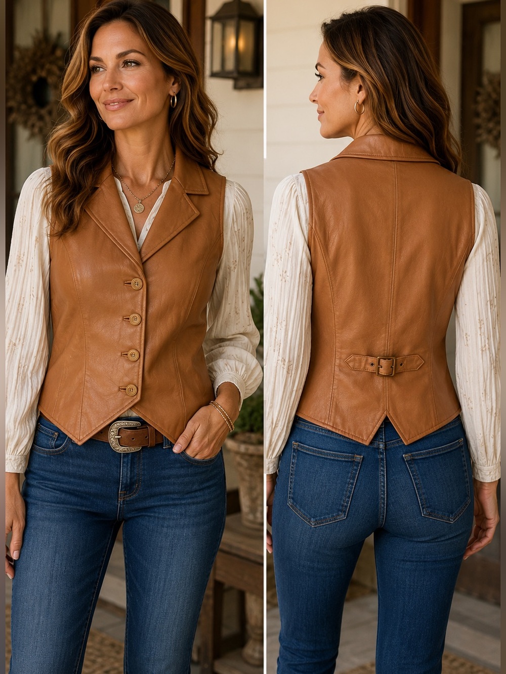 Coldwater Creek Genuine Leather Vest Tan Western Equestrian Moto Boho Chic S